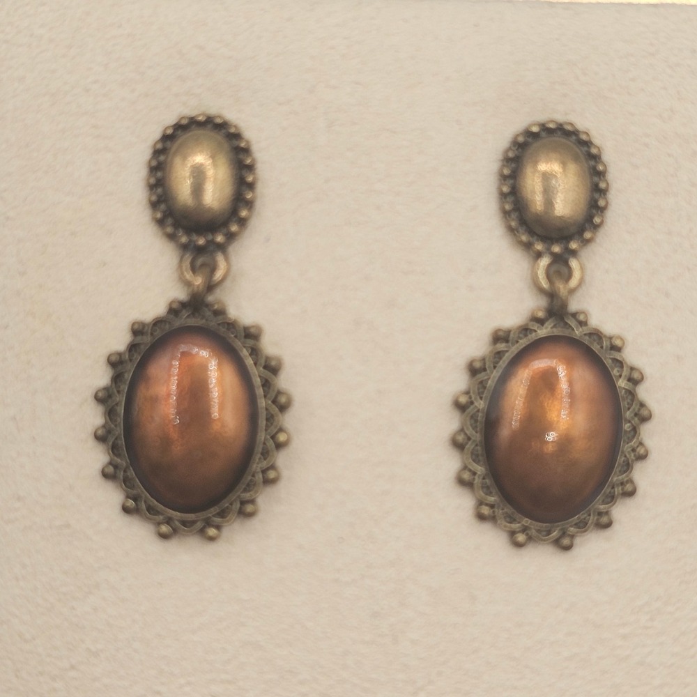 Vintage Drop Dangle Earrings Bronze Copper Amber Tone Oval Cabochon Glitter
